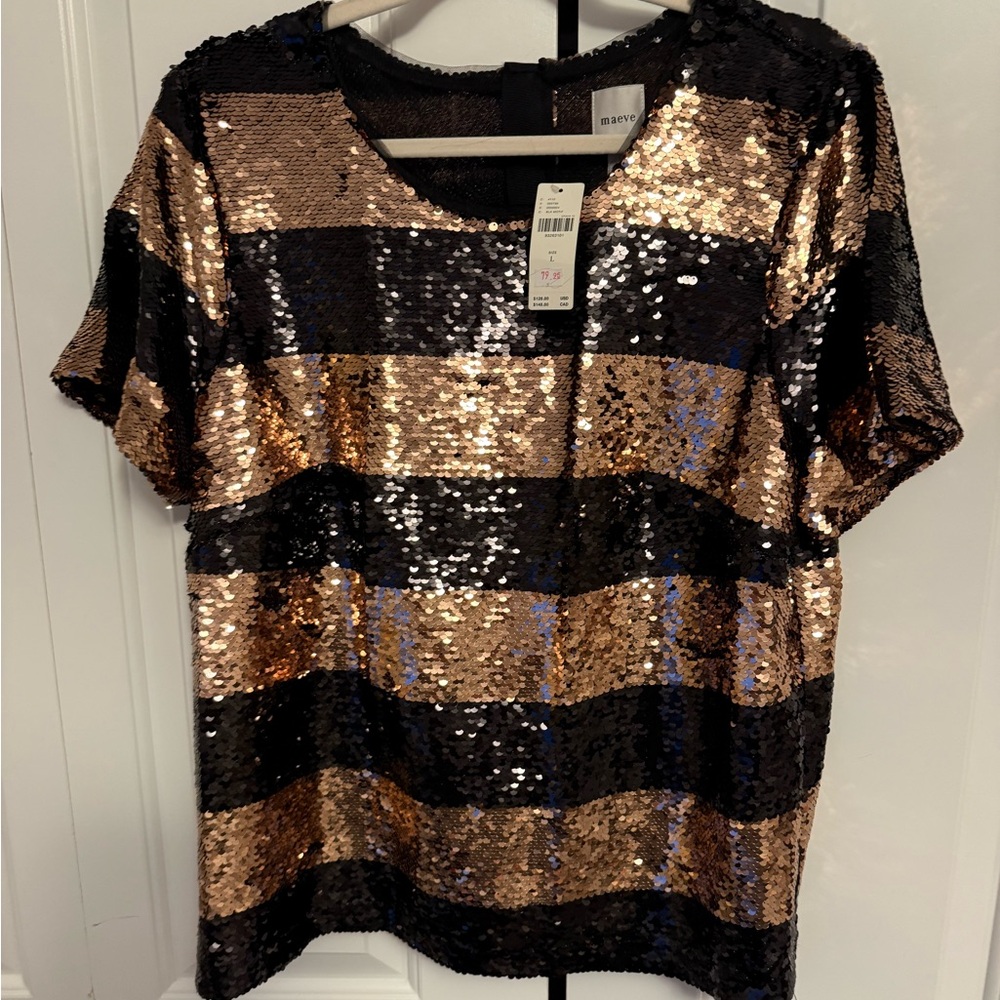 Maeve Black and Gold Sequin Stripe Short Sleeve Tee NWT